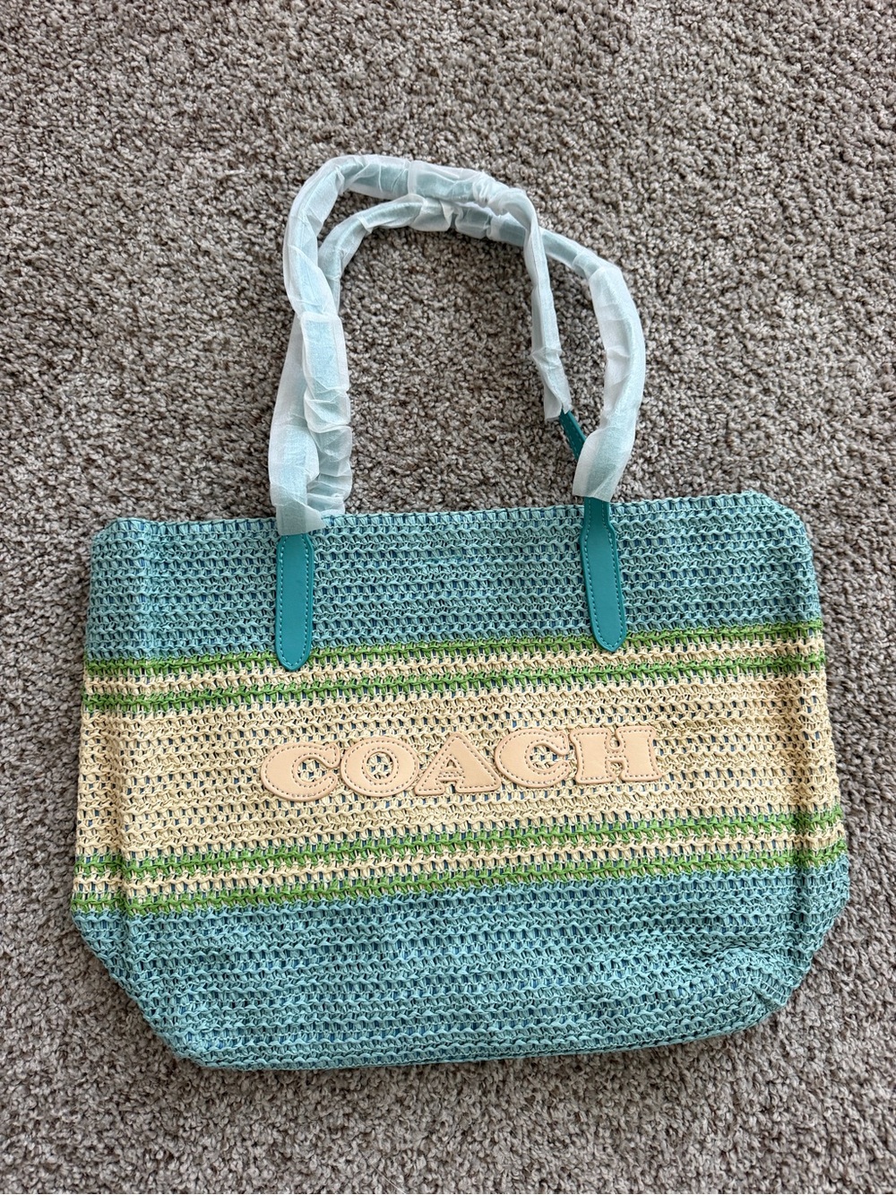 COACH Aqua, Cream & Green Woven Straw Tote